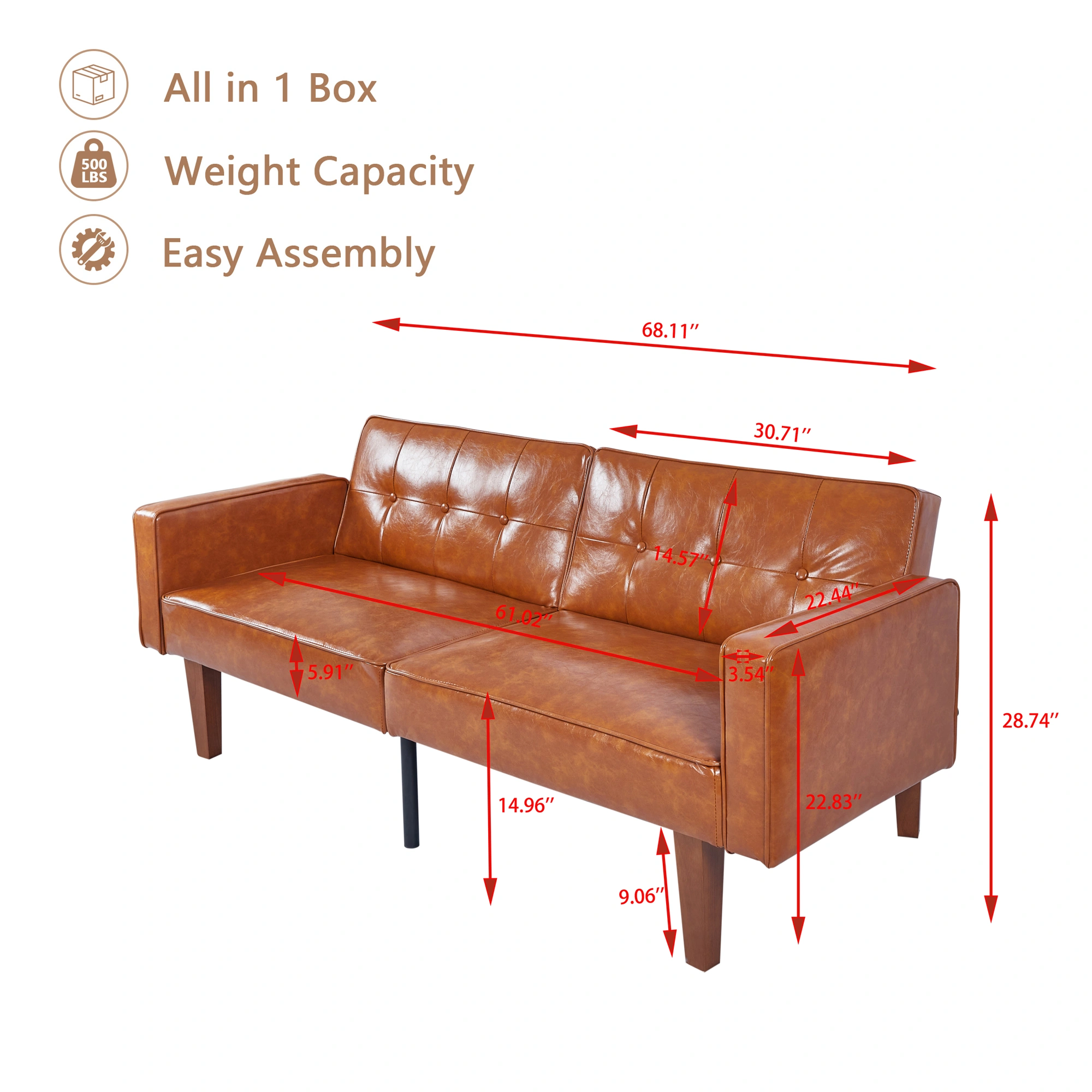Modern PU Leather Futon Sofa with Tufted Backrest, Adjustable Reclining Couch, Mid-Century Style with Wood & Metal Legs view 8
