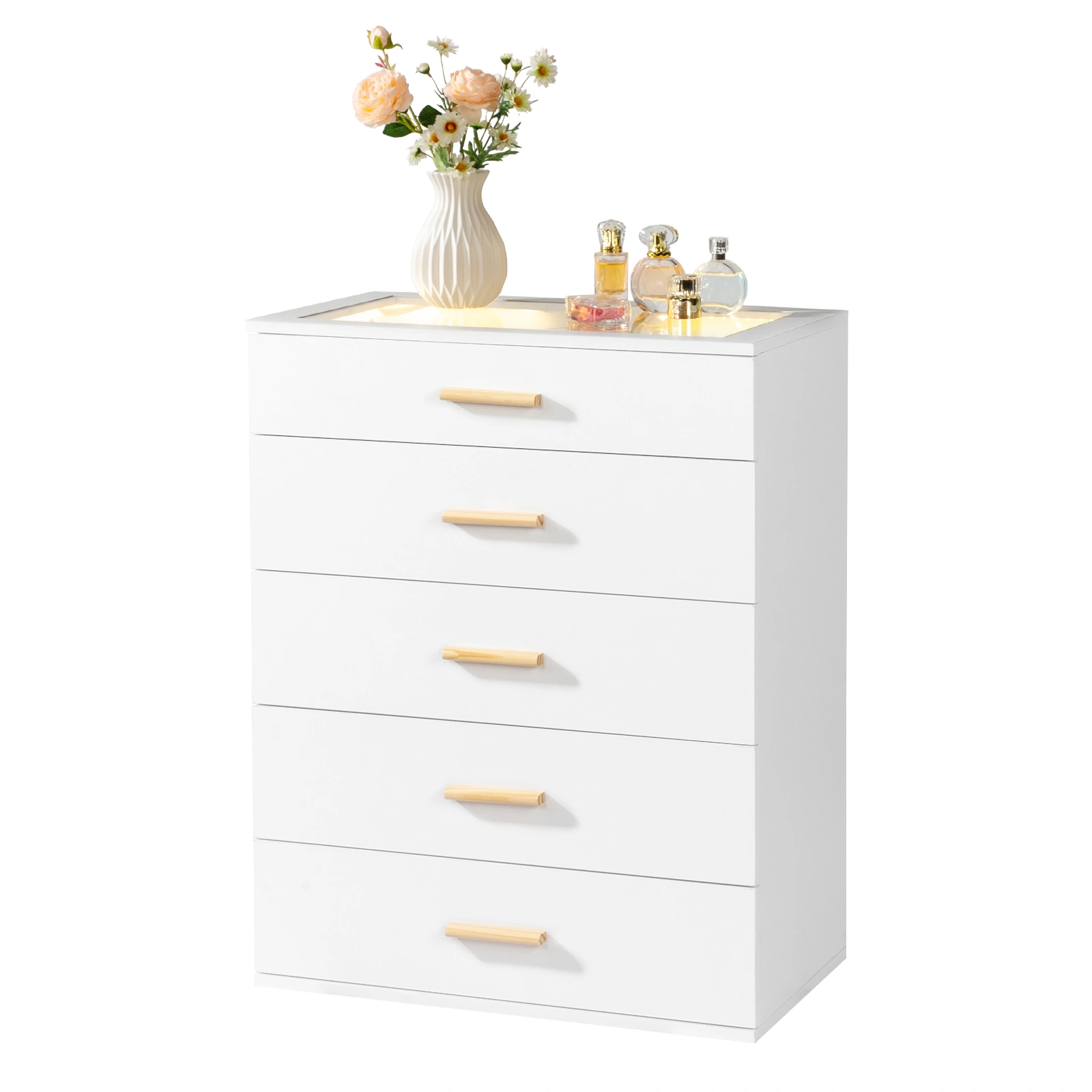 White Particleboard Bedside Table with LED Light 3 Drawers Nightstand Dresser for Bedroom