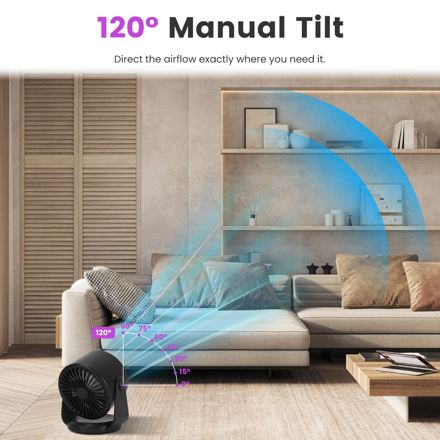 Rechargeable USB Desk Fan 4000mAh, 100 Speed Settings with LCD Display, 120° Adjustable Tilt, Portable Cooling Fan, Desktop & Wall Mount view 10