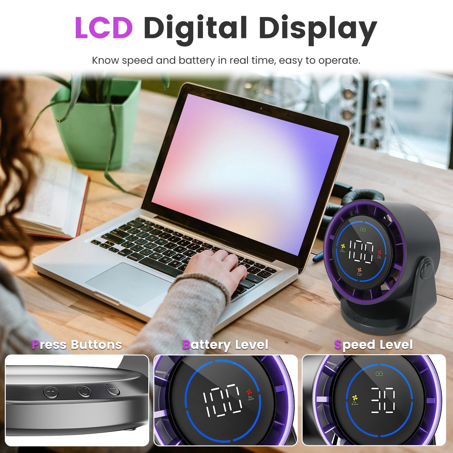 Rechargeable USB Desk Fan 4000mAh, 100 Speed Settings with LCD Display, 120° Adjustable Tilt, Portable Cooling Fan, Desktop & Wall Mount view 11