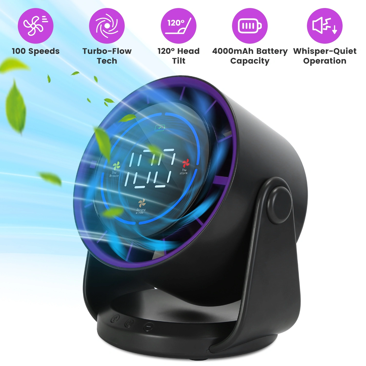 Rechargeable USB Desk Fan 4000mAh, 100 Speed Settings with LCD Display, 120° Adjustable Tilt, Portable Cooling Fan, Desktop & Wall Mount view 13