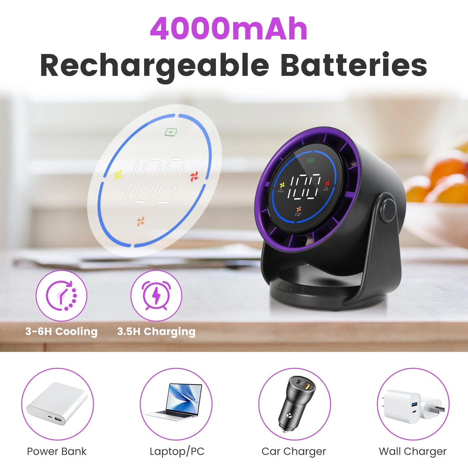 Rechargeable USB Desk Fan 4000mAh, 100 Speed Settings with LCD Display, 120° Adjustable Tilt, Portable Cooling Fan, Desktop & Wall Mount view 3