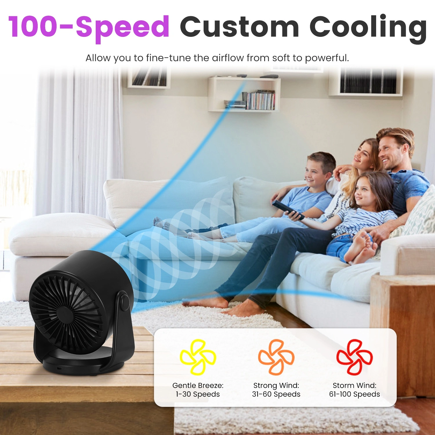 Rechargeable USB Desk Fan 4000mAh, 100 Speed Settings with LCD Display, 120° Adjustable Tilt, Portable Cooling Fan, Desktop & Wall Mount view 4