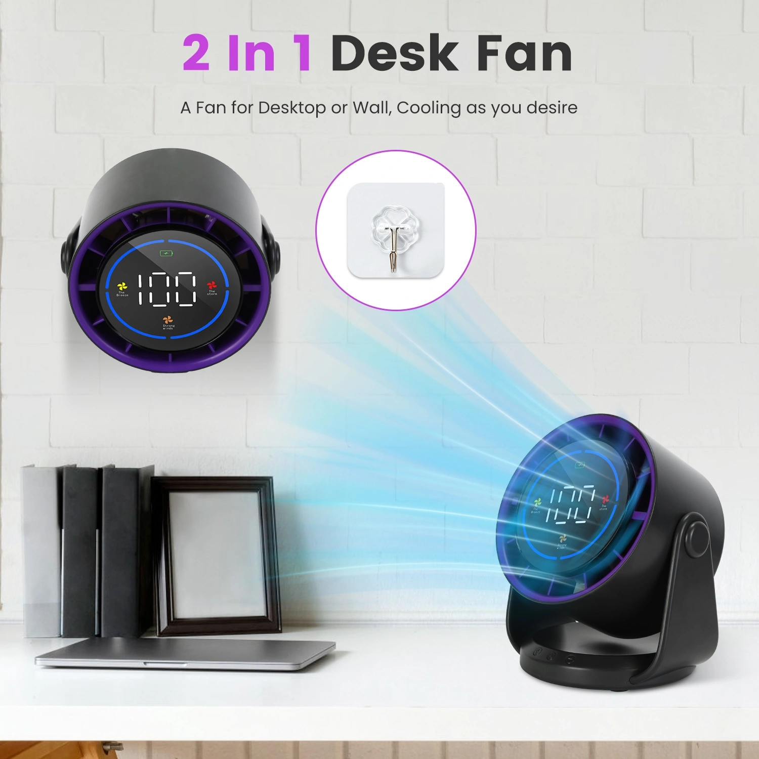 Rechargeable USB Desk Fan 4000mAh, 100 Speed Settings with LCD Display, 120° Adjustable Tilt, Portable Cooling Fan, Desktop & Wall Mount view 6