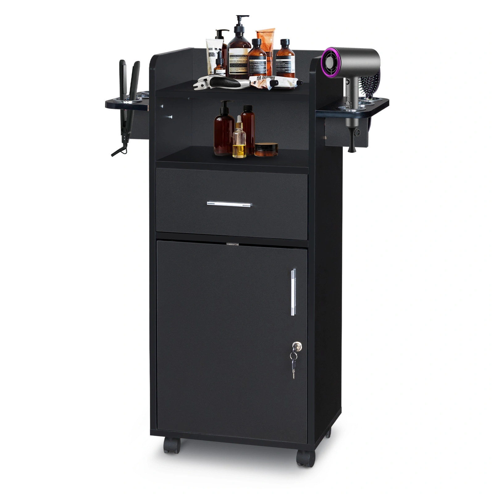 Beauty Salon Trolley Cart with 360° Swivel Wheels, 6 Tool Holders & 1 Drawer, Rolling Salon Station Cabinet