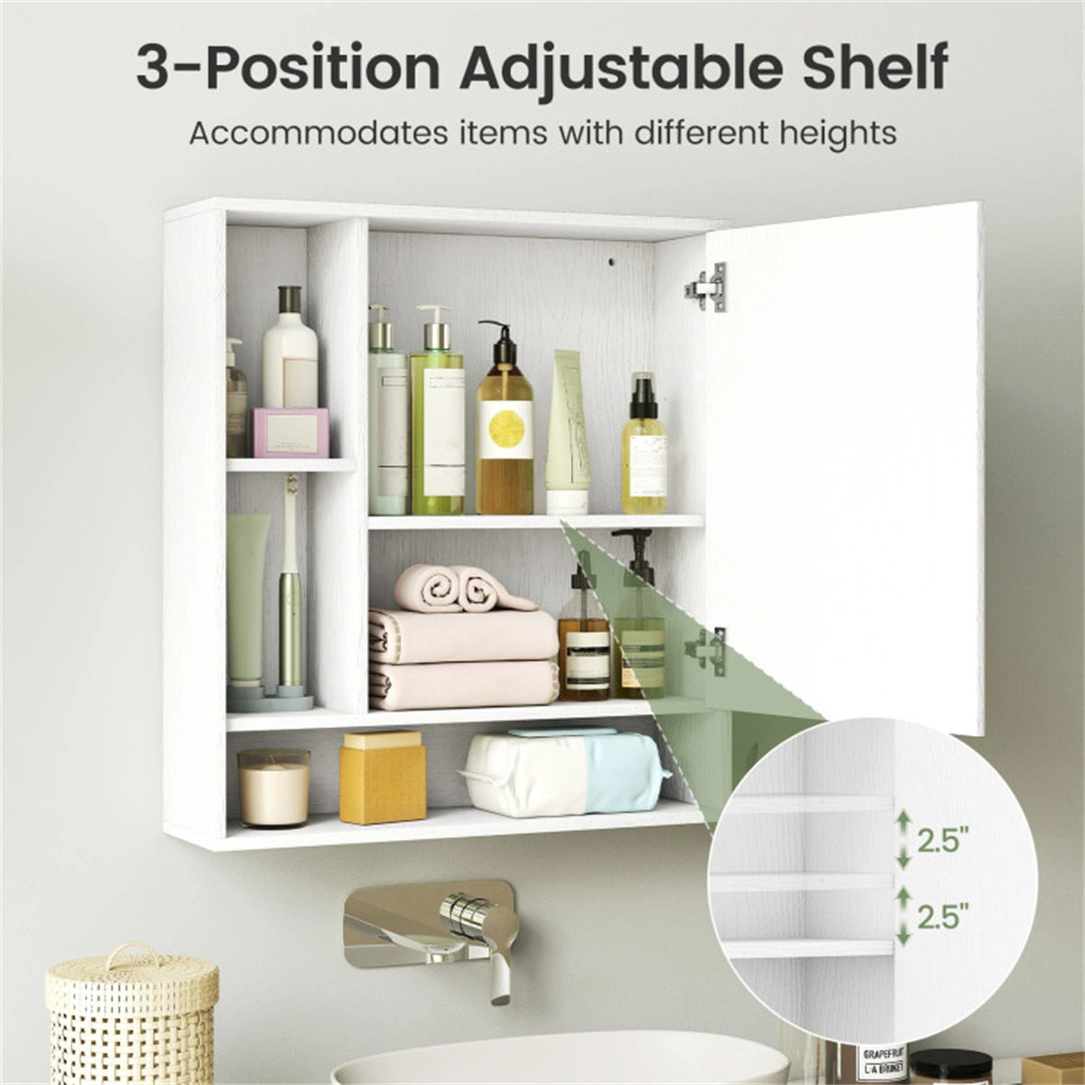 2 in 1 Mirrored Bathroom Wall Cabinet, Space-Saving Medicine Cabinet with Hidden Storage & Shelves - White view 10