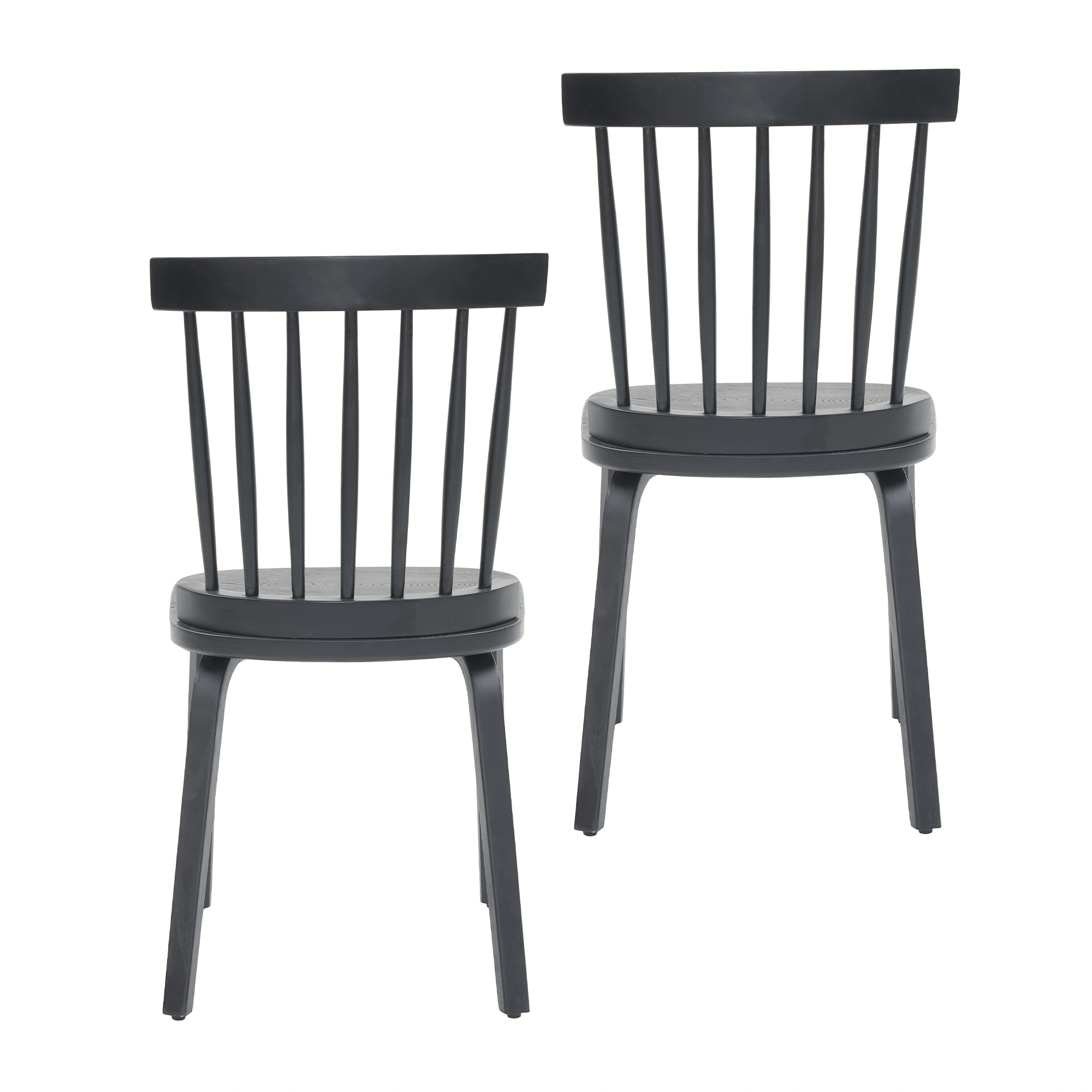 Set of 2 Black Windsor Dining Chairs, Wooden Farmhouse Spindle Back Wide Seat, Mid-Century Modern French Country Style