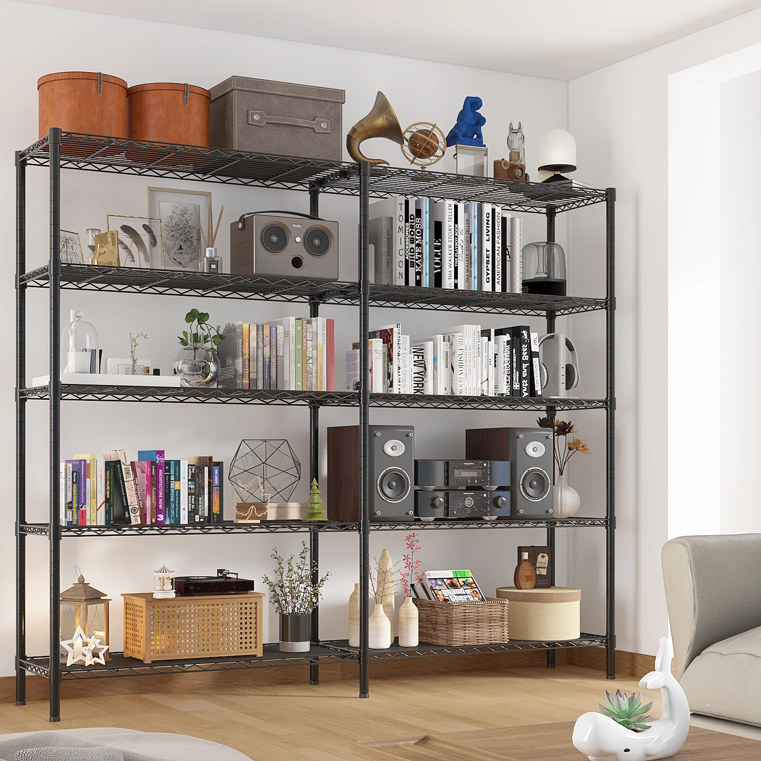 5-Layer Double Row Display Rack, Adjustable Shelf Spacing & Leveling Feet, Iron Metal Frame Display Stand, 177x40x180cm, Powder-Coated Black