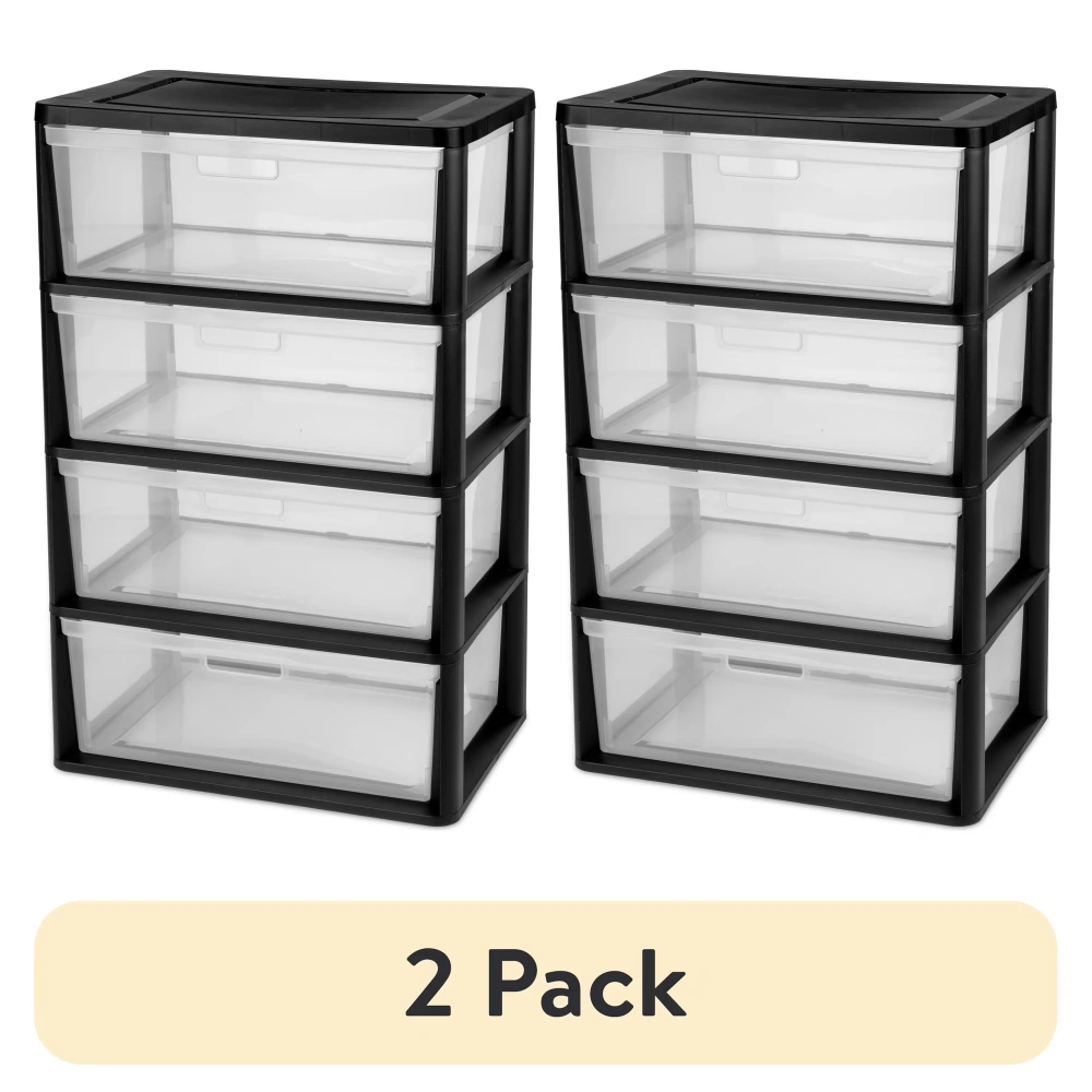 2 Pack Wide 4-Drawer Tower Storage Organizer - Plastic with Removable Clear Bins, Tool-Free Assembly, Black