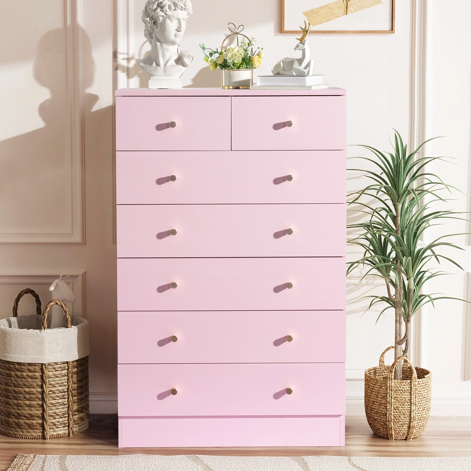 Modern 7-Drawer Dresser, Pink Simple Bedroom Chest of Drawers with Smooth Glide