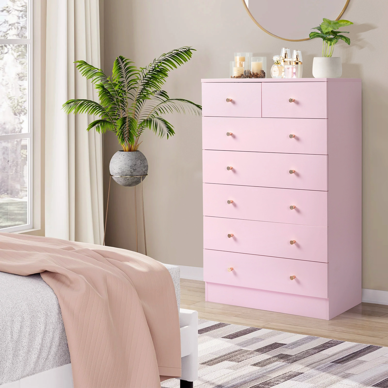 Modern 7-Drawer Dresser, Pink Simple Bedroom Chest of Drawers with Smooth Glide view 11
