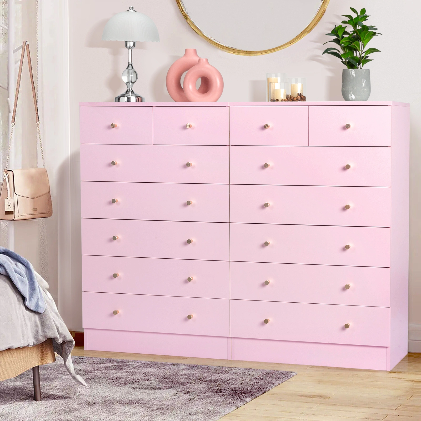 Modern 7-Drawer Dresser, Pink Simple Bedroom Chest of Drawers with Smooth Glide view 12