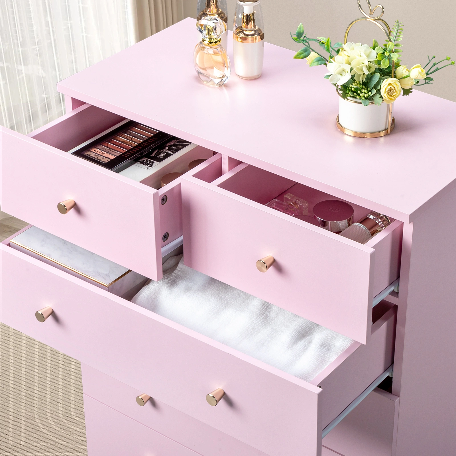 Modern 7-Drawer Dresser, Pink Simple Bedroom Chest of Drawers with Smooth Glide view 7