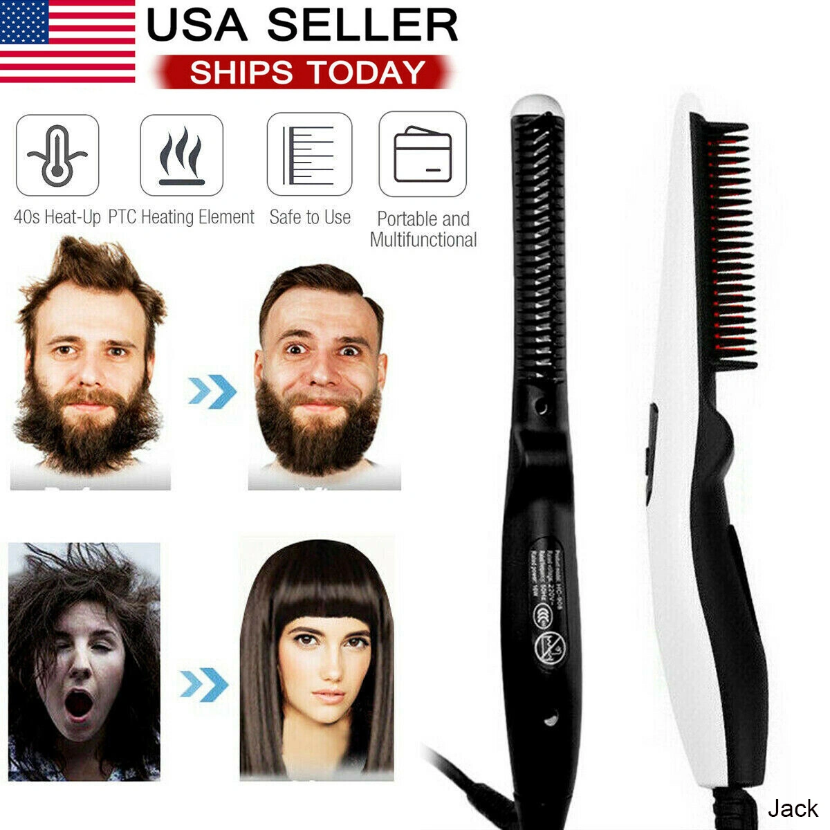 Fast Heated Electric Straight Hair Comb, Beard Straightener Brush Styler for Men Women, Portable Travel Hair Tool