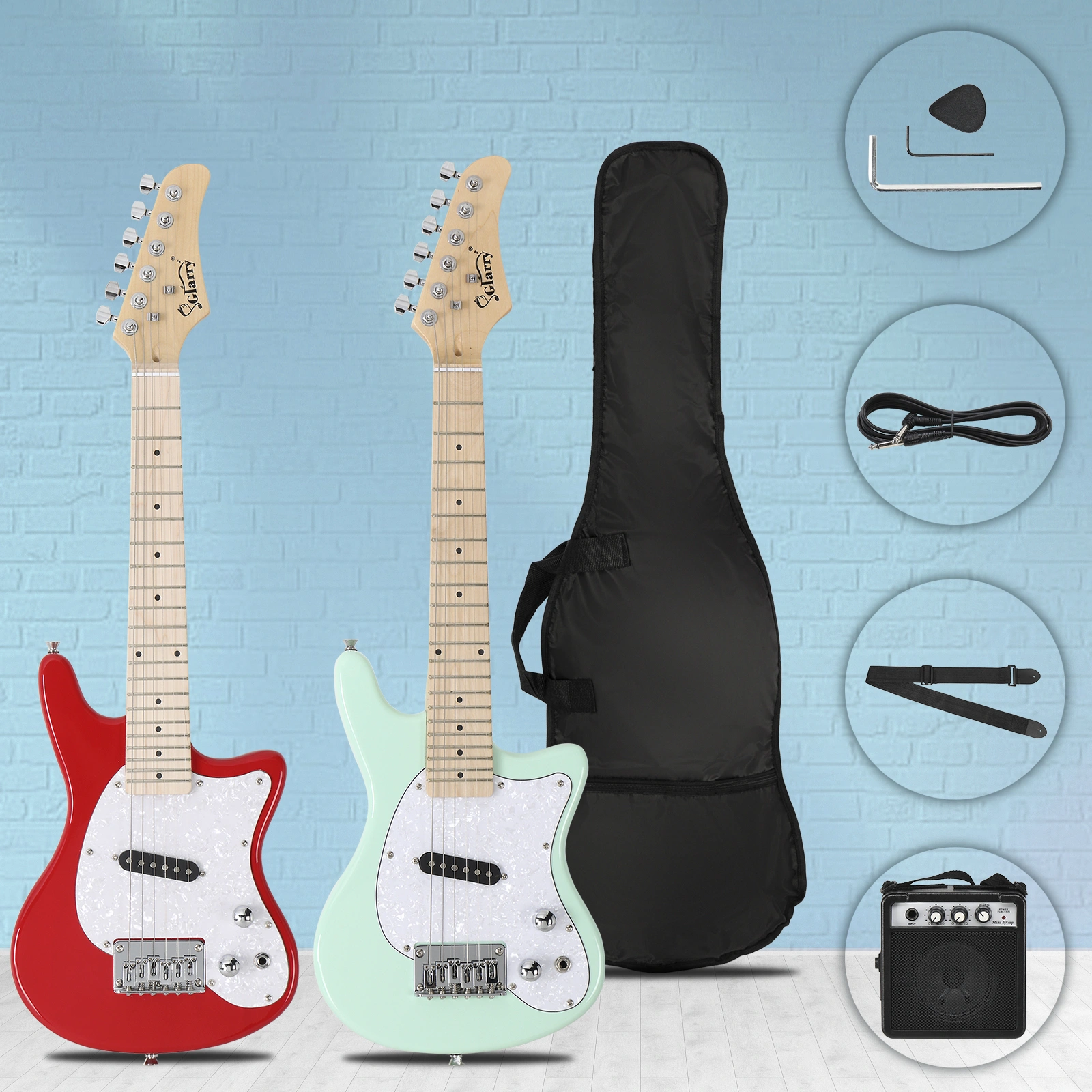 30in Maple Fingerboard Mini Electric Guitar Kit with 5W Amplifier Bag String Shoulder Strap Plectrum Cord Wrench Tool Light Green view 17