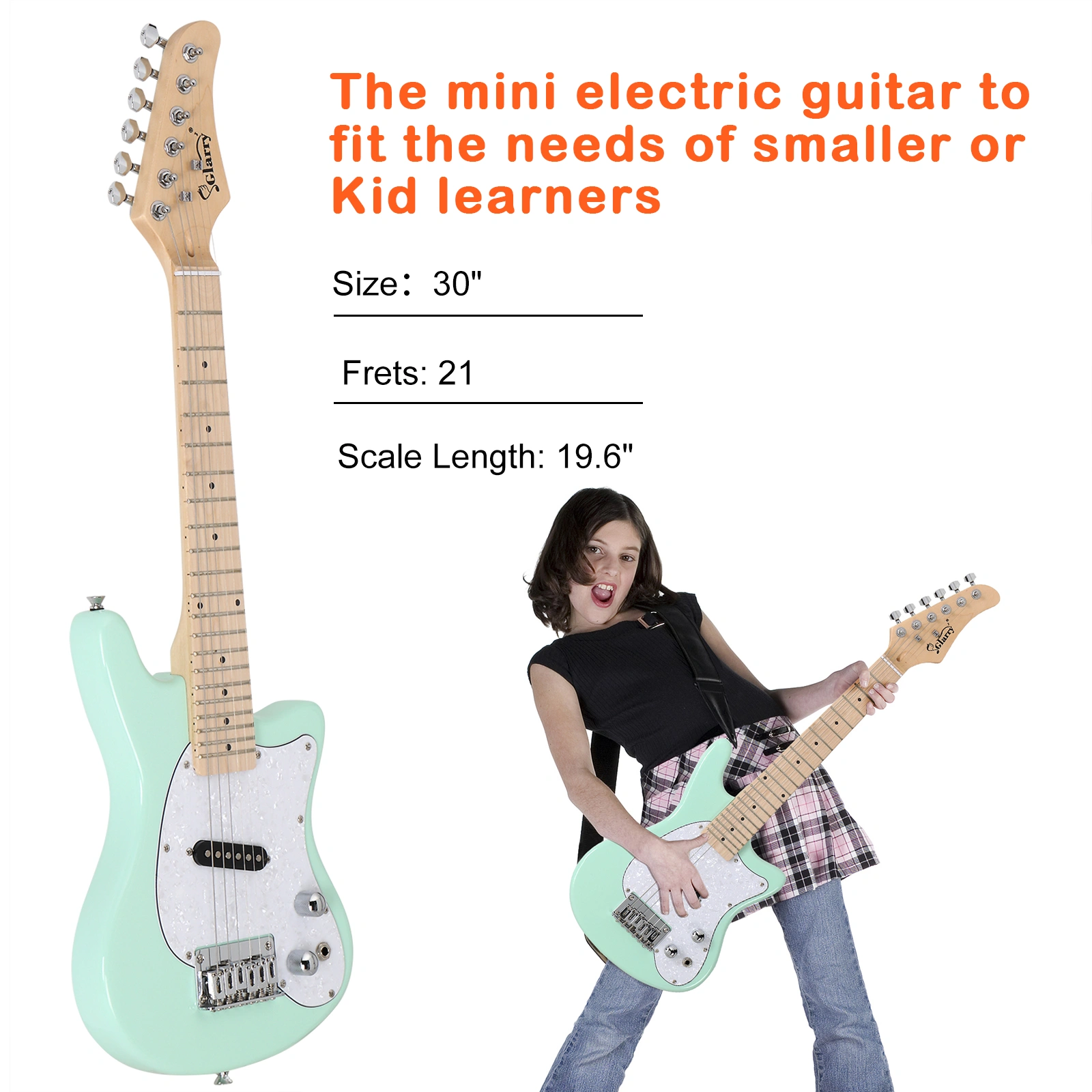 30in Maple Fingerboard Mini Electric Guitar Kit with 5W Amplifier Bag String Shoulder Strap Plectrum Cord Wrench Tool Light Green view 6