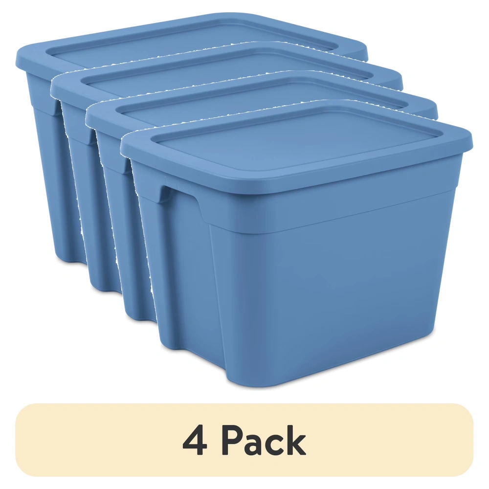 4 Pack 18 Gallon Plastic Storage Totes with Snap-On Lids, Stackable Blue Bins for Organization & Closet
