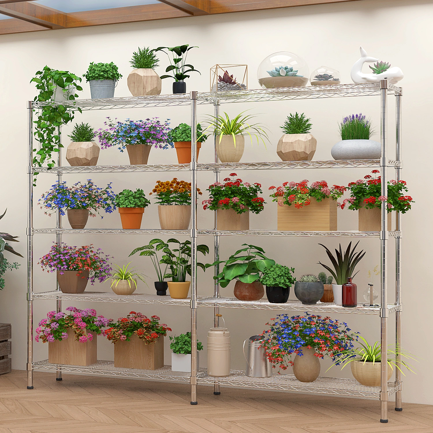 147x35x180cm Chrome Plated Display Rack Stand, 5-Tier Double Row Adjustable Shelf with Adjustable Feet, Iron Metal