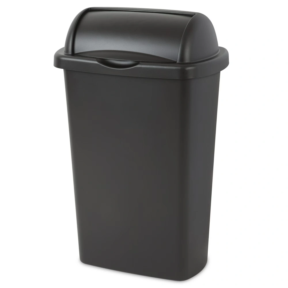 13 Gallon Large Kitchen Trash Can - Plastic Roll Top Garbage Bin with Swing Lid - Black Waste Container