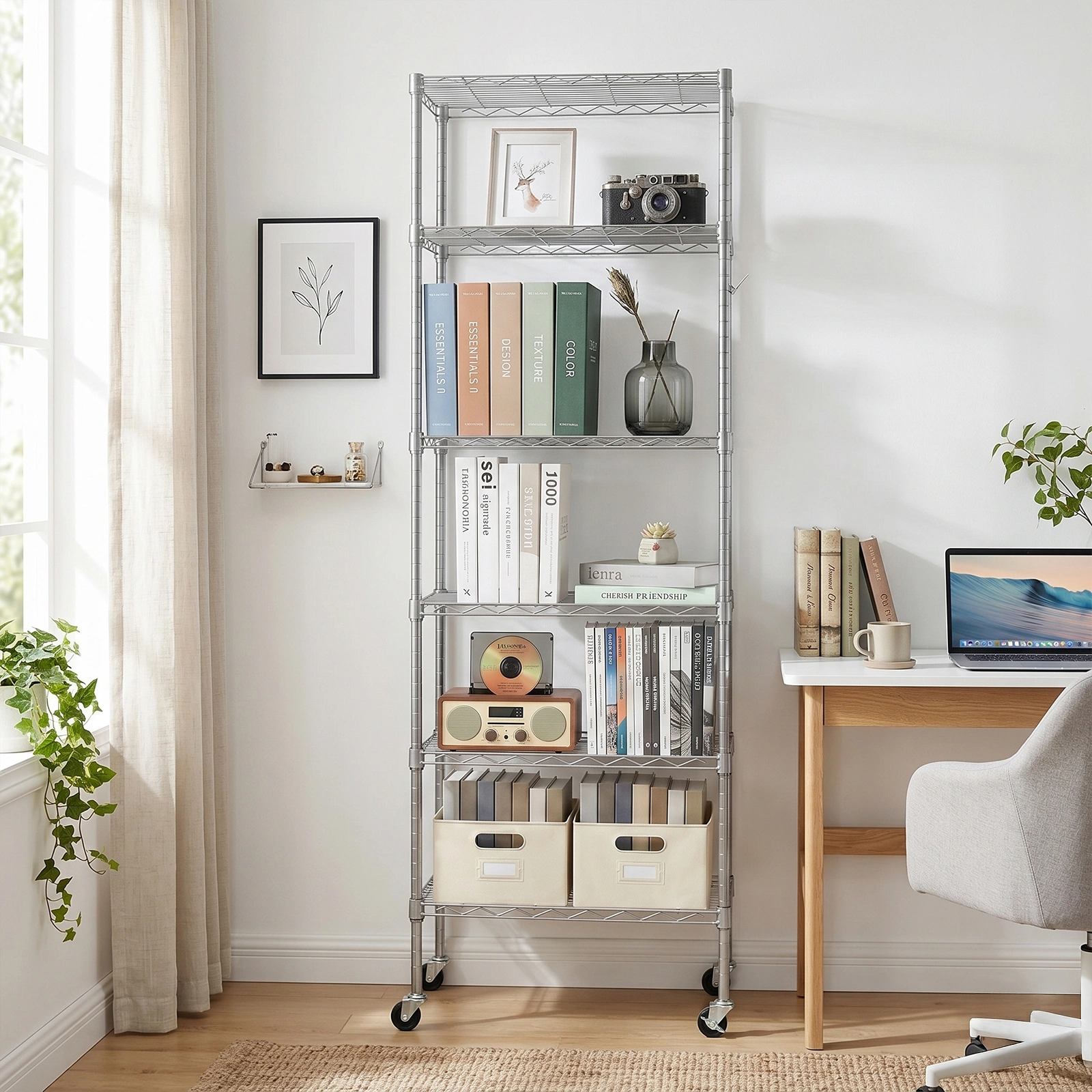 6-Tier Metal Display Rack with Adjustable Shelves, 6 Side Hooks, Detachable Combinable Design, Rolling Base with Adjustable Feet, Silver-Gray Powder-Coated Iron 55x30x165cm
