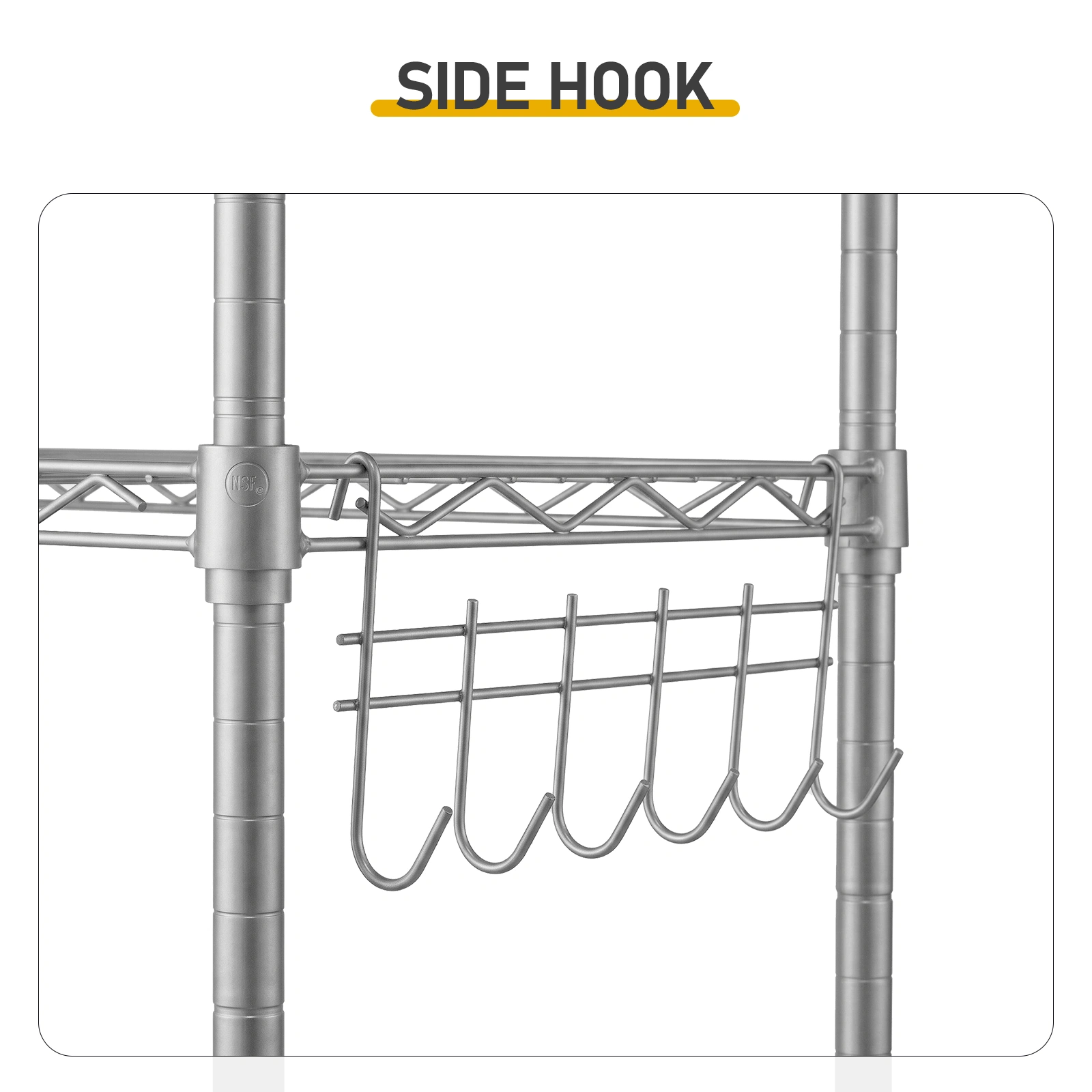 6-Tier Metal Display Rack with Adjustable Shelves, 6 Side Hooks, Detachable Combinable Design, Rolling Base with Adjustable Feet, Silver-Gray Powder-Coated Iron 55x30x165cm view 12