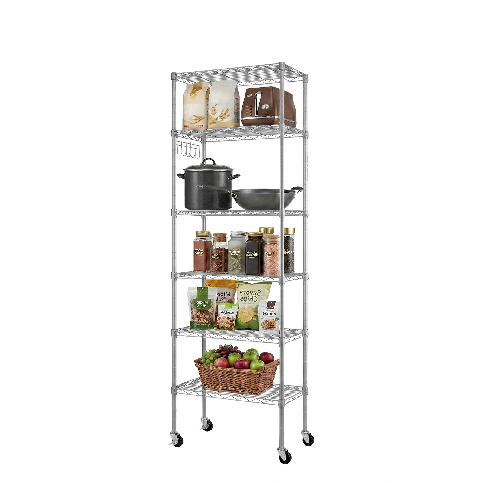 6-Tier Metal Display Rack with Adjustable Shelves, 6 Side Hooks, Detachable Combinable Design, Rolling Base with Adjustable Feet, Silver-Gray Powder-Coated Iron 55x30x165cm view 2