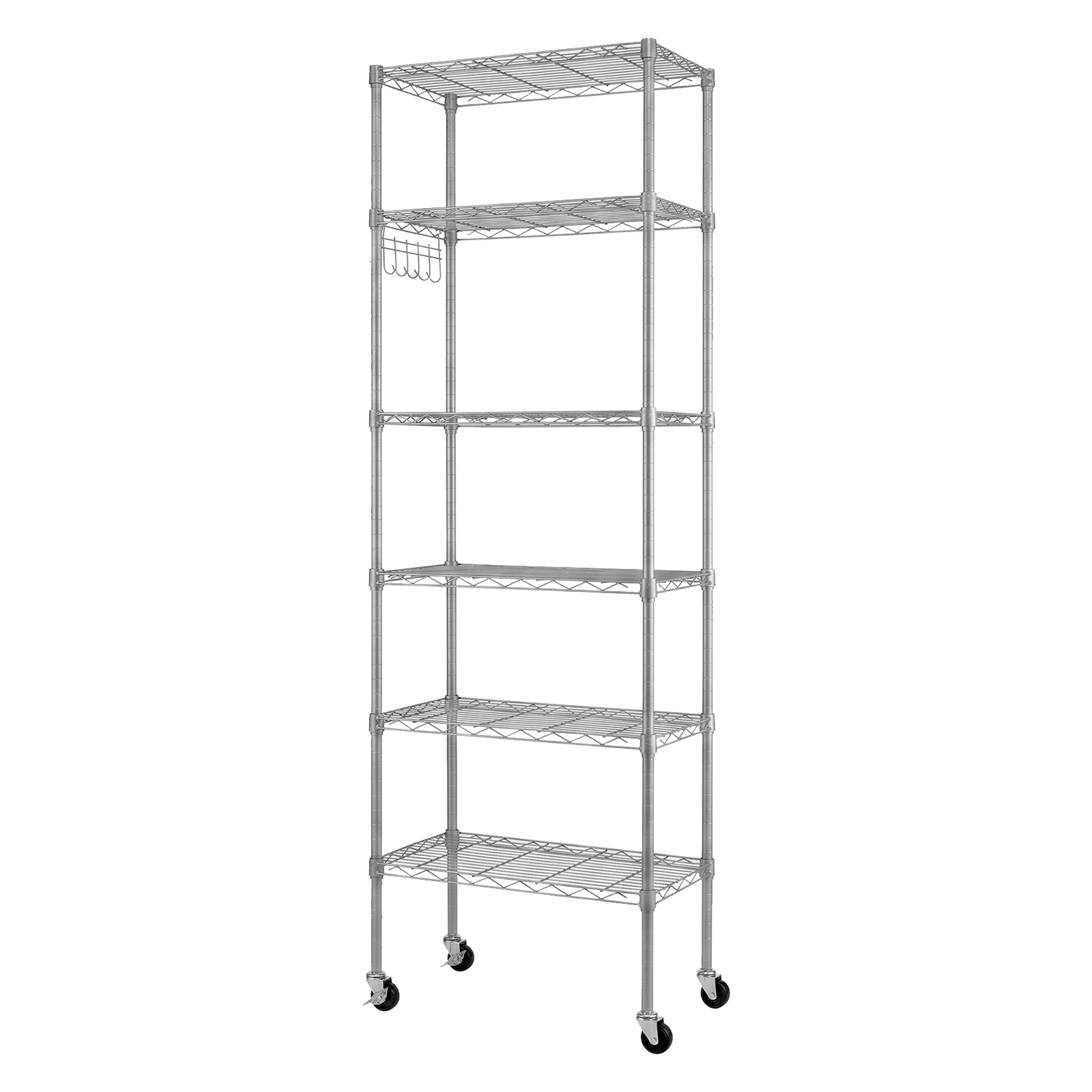 6-Tier Metal Display Rack with Adjustable Shelves, 6 Side Hooks, Detachable Combinable Design, Rolling Base with Adjustable Feet, Silver-Gray Powder-Coated Iron 55x30x165cm view 3
