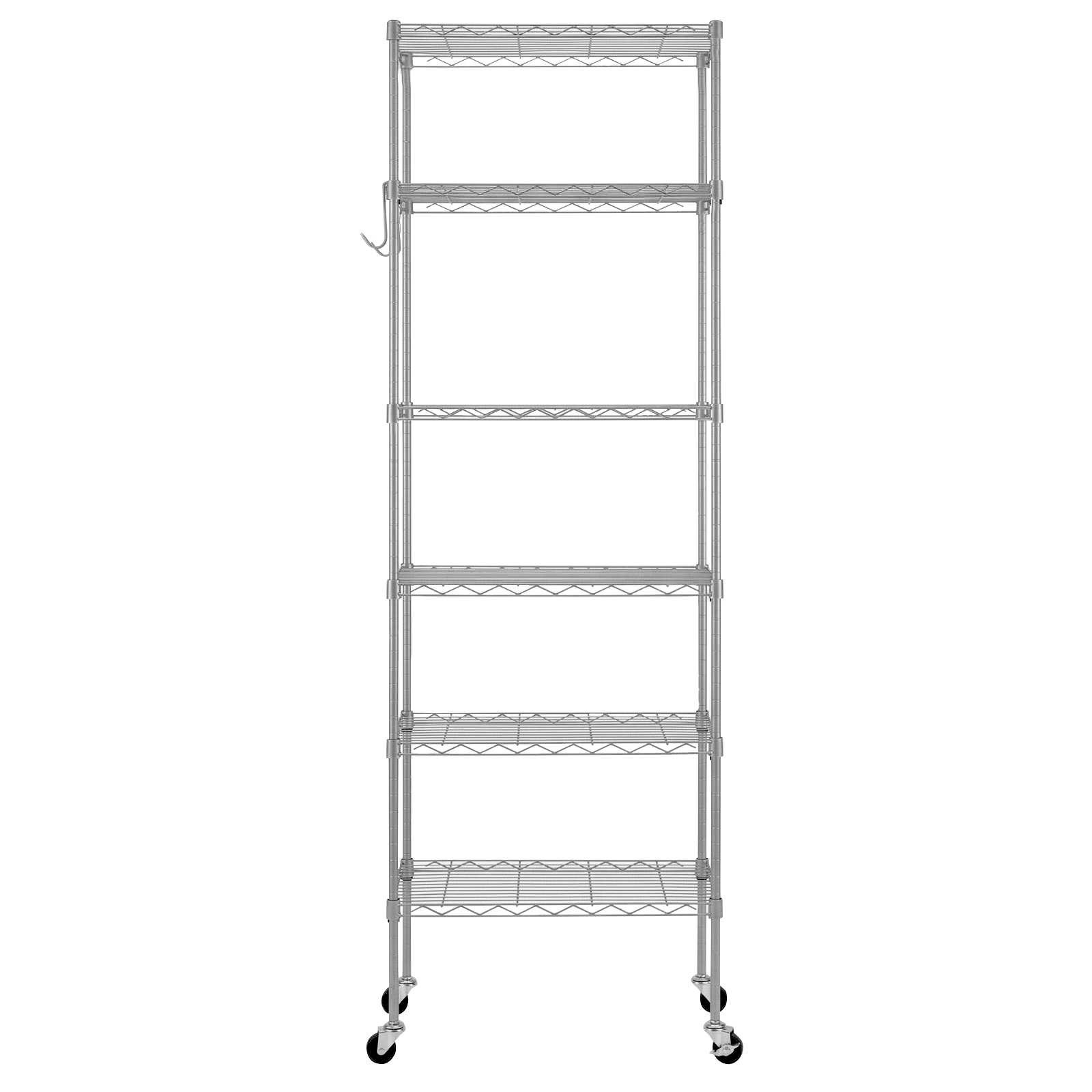 6-Tier Metal Display Rack with Adjustable Shelves, 6 Side Hooks, Detachable Combinable Design, Rolling Base with Adjustable Feet, Silver-Gray Powder-Coated Iron 55x30x165cm view 4
