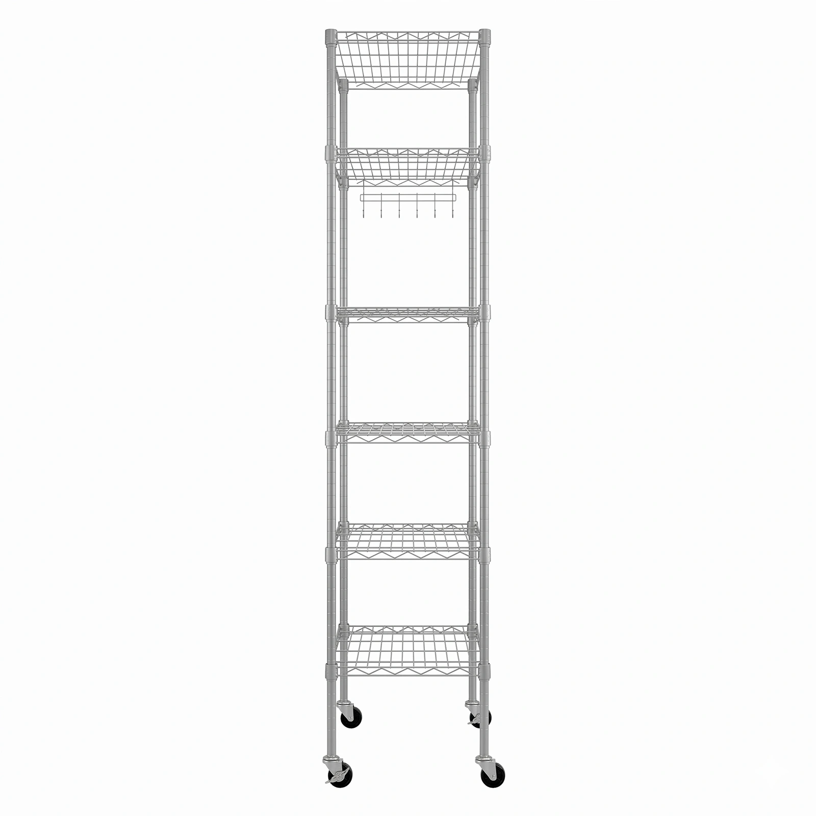 6-Tier Metal Display Rack with Adjustable Shelves, 6 Side Hooks, Detachable Combinable Design, Rolling Base with Adjustable Feet, Silver-Gray Powder-Coated Iron 55x30x165cm view 5