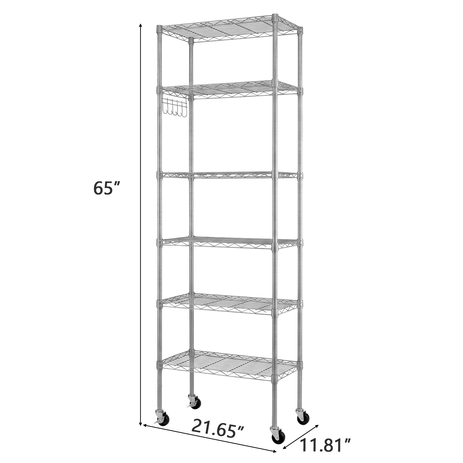 6-Tier Metal Display Rack with Adjustable Shelves, 6 Side Hooks, Detachable Combinable Design, Rolling Base with Adjustable Feet, Silver-Gray Powder-Coated Iron 55x30x165cm view 6