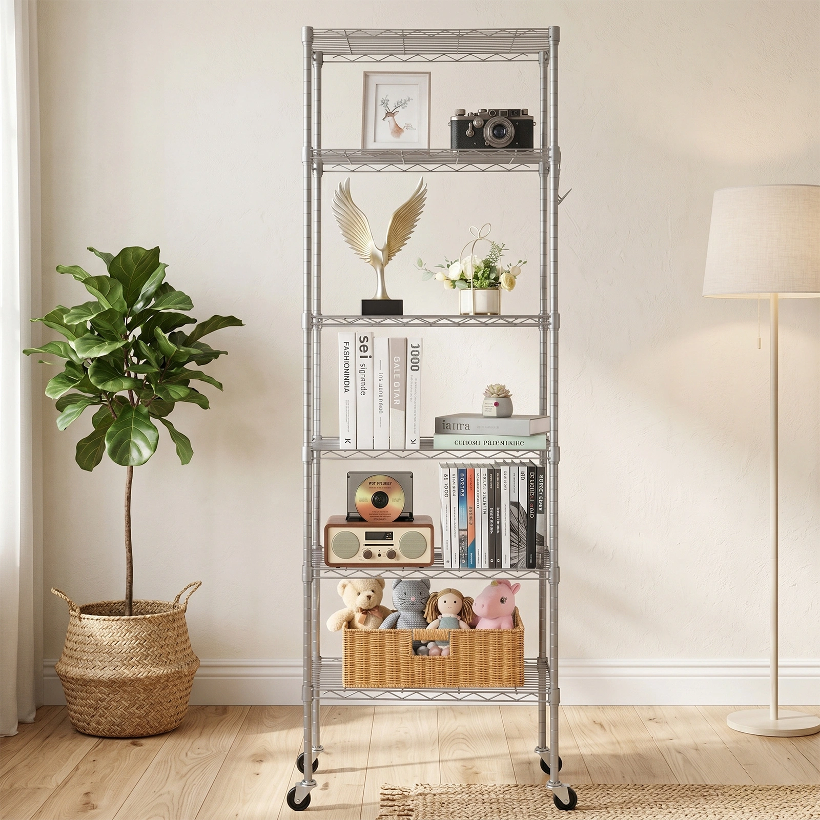 6-Tier Metal Display Rack with Adjustable Shelves, 6 Side Hooks, Detachable Combinable Design, Rolling Base with Adjustable Feet, Silver-Gray Powder-Coated Iron 55x30x165cm view 7