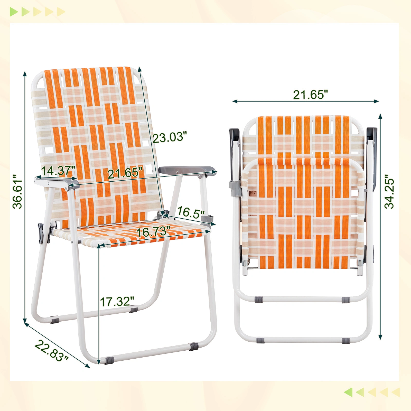 Set of 2 Webbed Folding Beach Chairs, Outdoor Patio Lawn Foldable Chairs for Camping Fishing Yard Poolside BBQ, Orange & White view 13