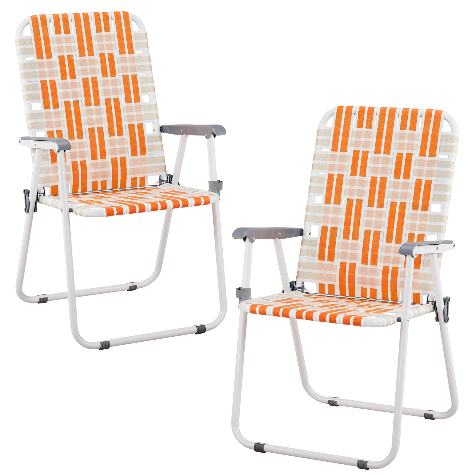 Set of 2 Webbed Folding Beach Chairs, Outdoor Patio Lawn Foldable Chairs for Camping Fishing Yard Poolside BBQ, Orange & White view 16