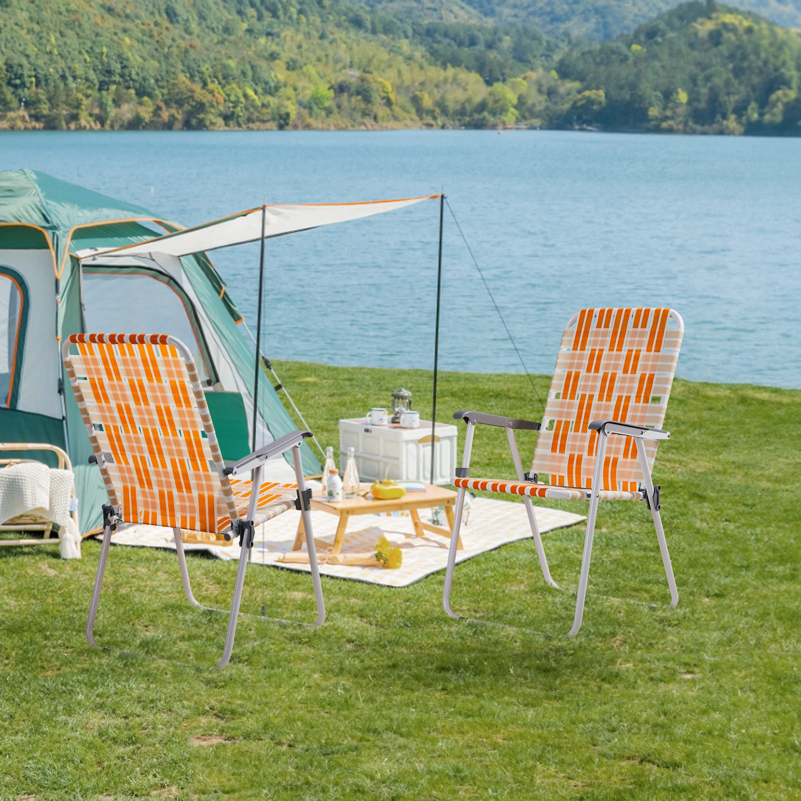 Set of 2 Webbed Folding Beach Chairs, Outdoor Patio Lawn Foldable Chairs for Camping Fishing Yard Poolside BBQ, Orange & White view 17
