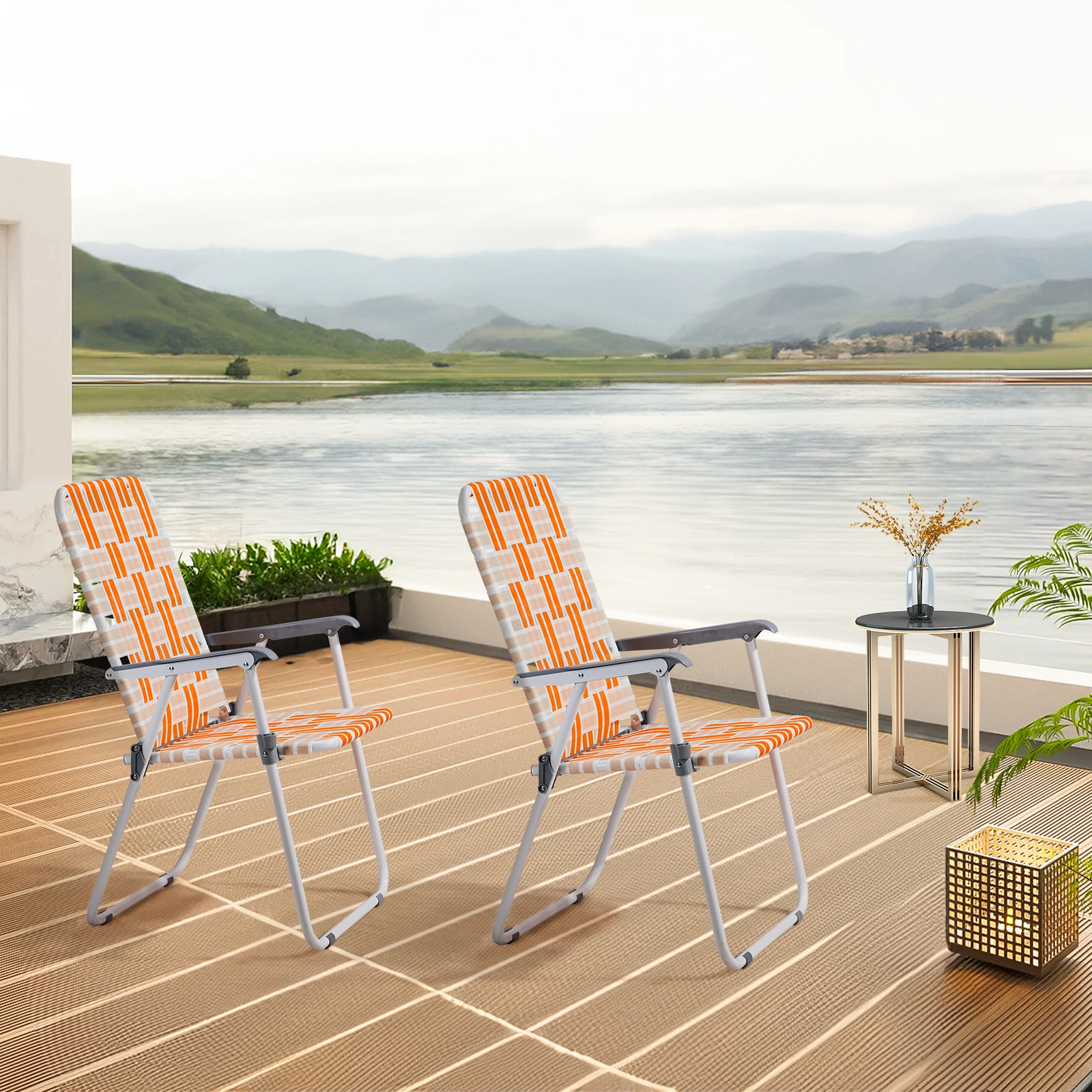 Set of 2 Webbed Folding Beach Chairs, Outdoor Patio Lawn Foldable Chairs for Camping Fishing Yard Poolside BBQ, Orange & White view 7