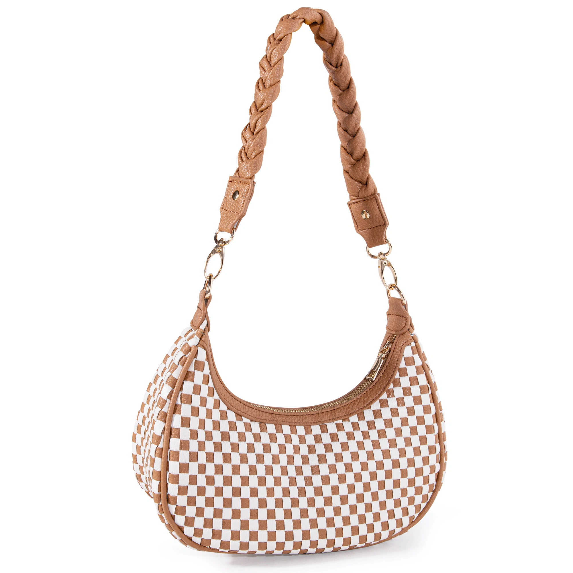 Women Woven Hobo Handbag for Women Fashion Vegan Leather Tote Bag for Women-Brown