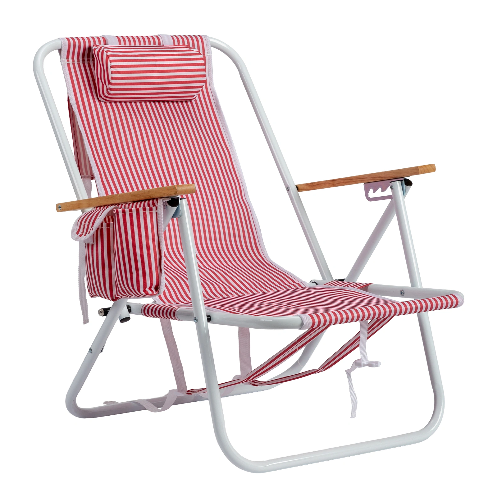4-Position Adjustable Backpack Beach Chair, Foldable Rustproof Aluminum Frame Lounge Chair, Wooden Armrest, Side Pockets & Detachable Pillow, 24×22×37 in, 265 LBS, Red White Vertical Stripe