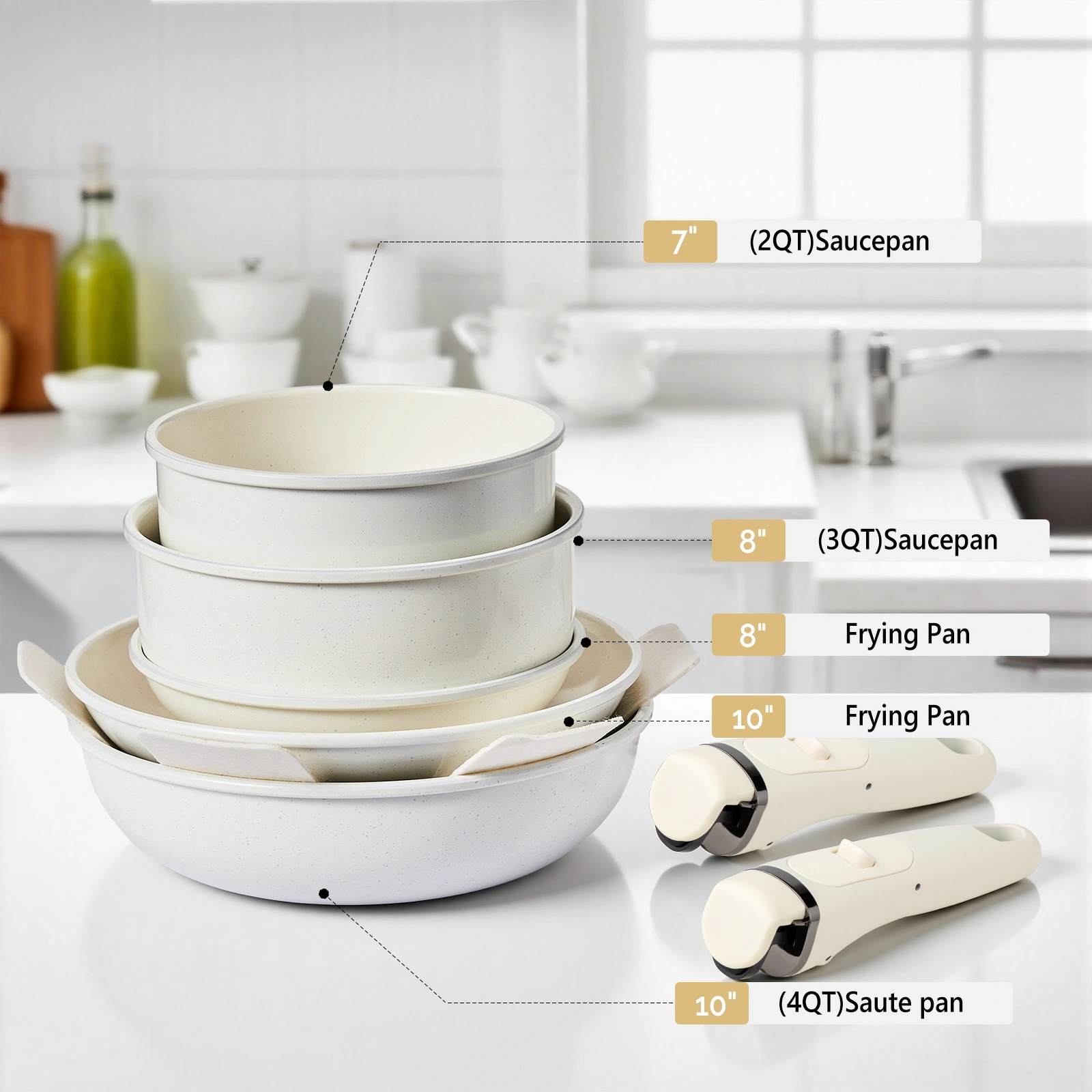 19-Piece Cookware Set, Non-Stick Aluminum Pots and Pans, Removable Handles, Microwave & Oven Safe, Dishwasher Safe, Cream White