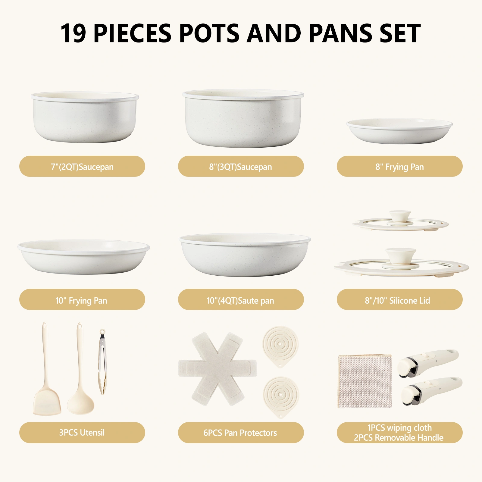 19-Piece Cookware Set, Non-Stick Aluminum Pots and Pans, Removable Handles, Microwave & Oven Safe, Dishwasher Safe, Cream White view 10