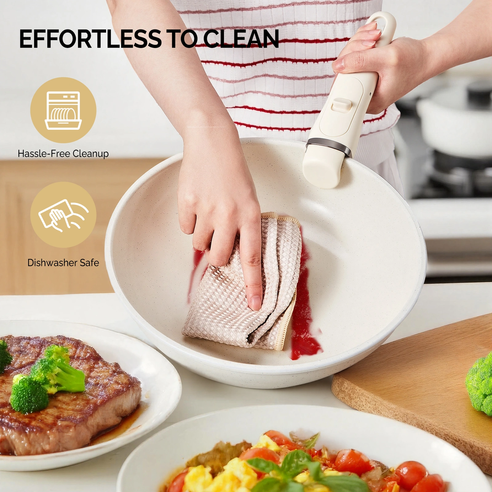 19-Piece Cookware Set, Non-Stick Aluminum Pots and Pans, Removable Handles, Microwave & Oven Safe, Dishwasher Safe, Cream White view 13