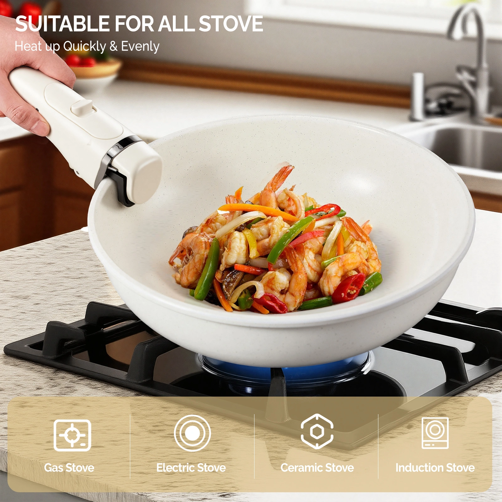 19-Piece Cookware Set, Non-Stick Aluminum Pots and Pans, Removable Handles, Microwave & Oven Safe, Dishwasher Safe, Cream White view 14