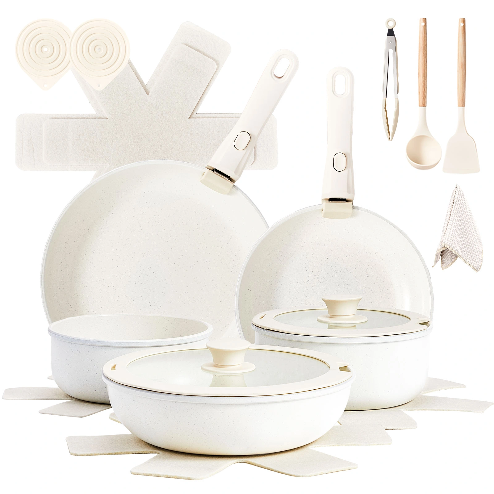19-Piece Cookware Set, Non-Stick Aluminum Pots and Pans, Removable Handles, Microwave & Oven Safe, Dishwasher Safe, Cream White view 2