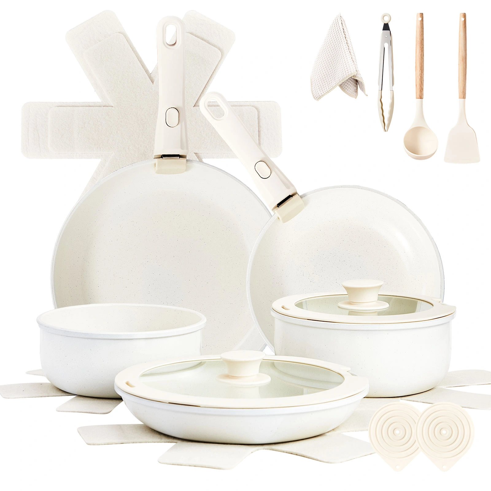 19-Piece Cookware Set, Non-Stick Aluminum Pots and Pans, Removable Handles, Microwave & Oven Safe, Dishwasher Safe, Cream White view 3