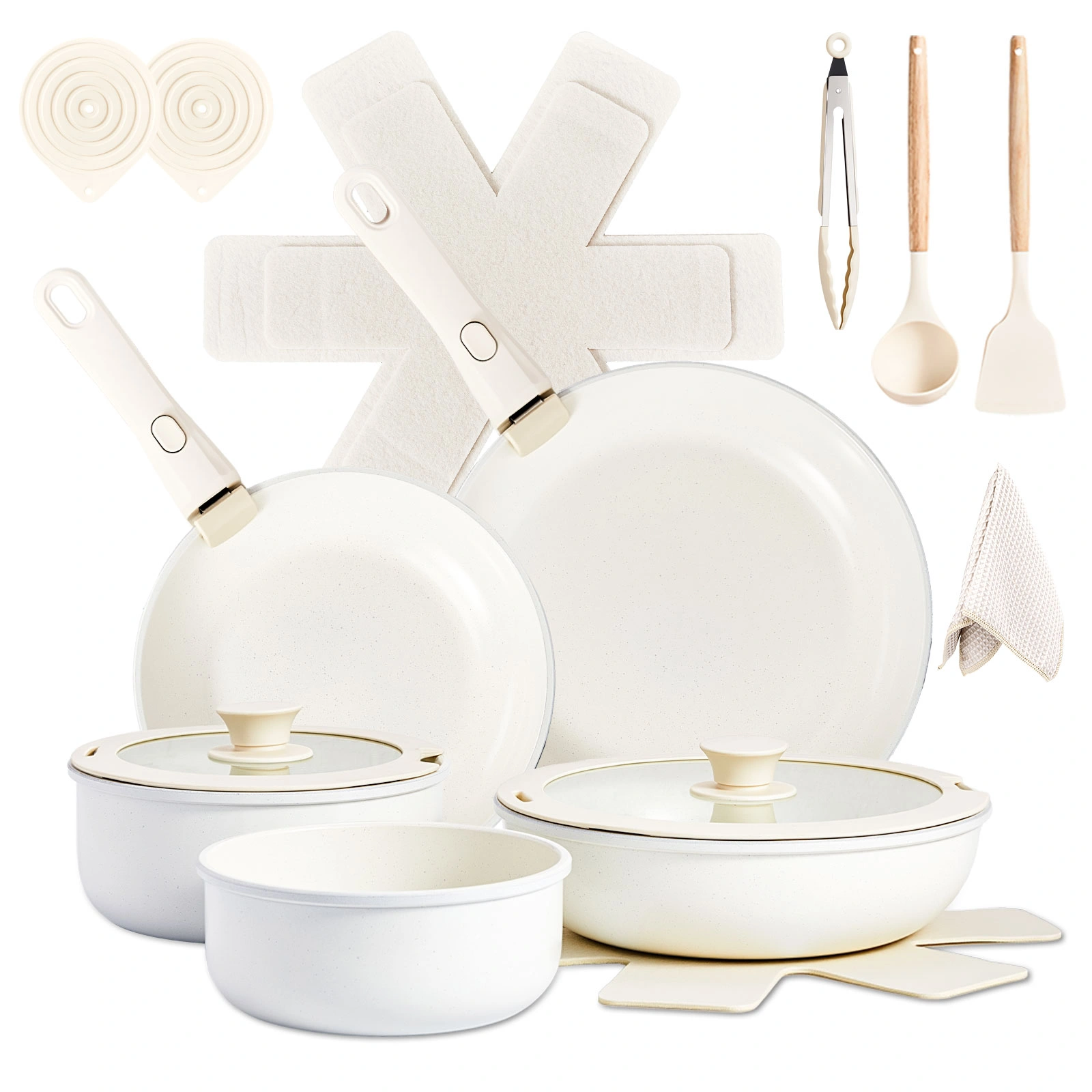 19-Piece Cookware Set, Non-Stick Aluminum Pots and Pans, Removable Handles, Microwave & Oven Safe, Dishwasher Safe, Cream White view 4