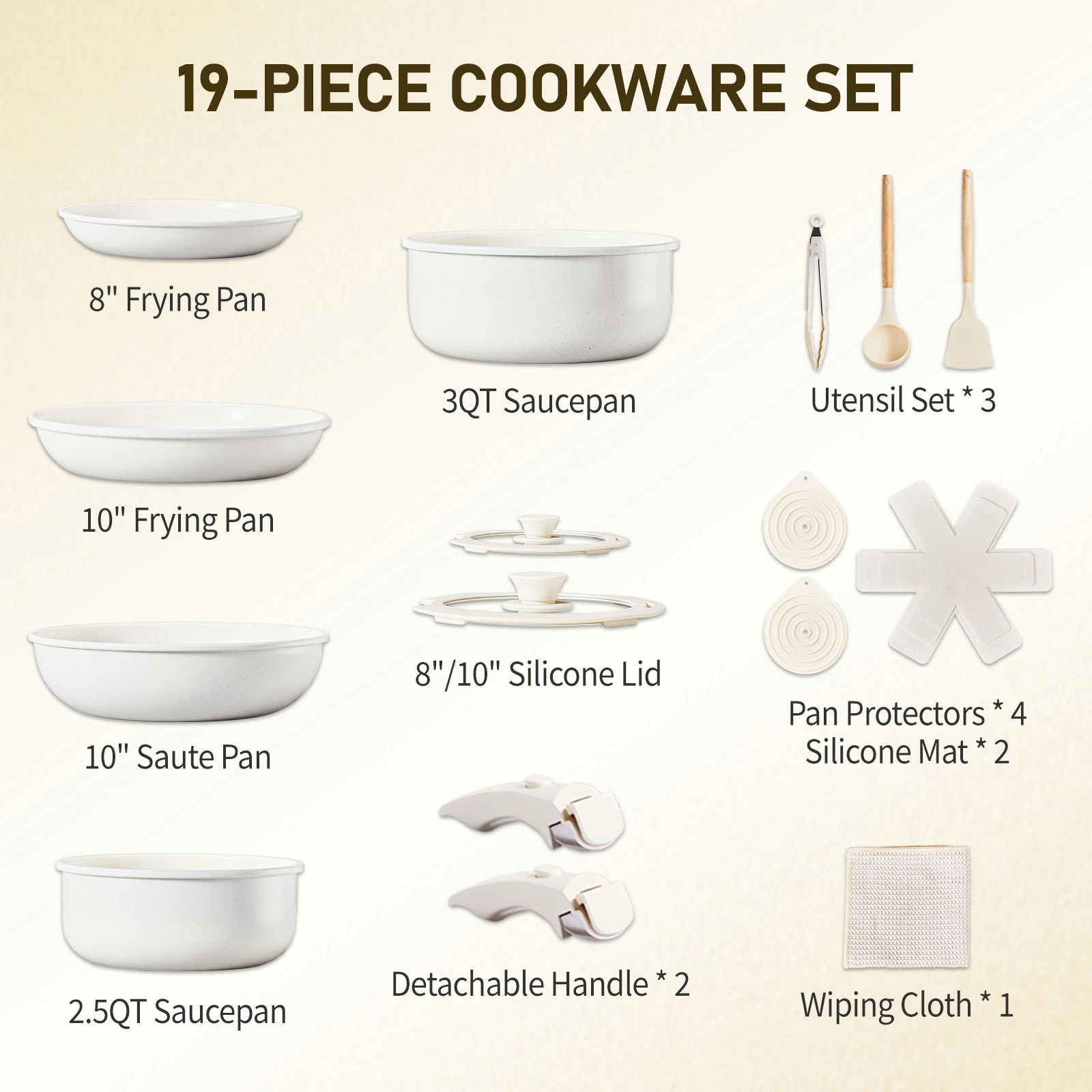 19-Piece Cookware Set, Non-Stick Aluminum Pots and Pans, Removable Handles, Microwave & Oven Safe, Dishwasher Safe, Cream White view 5